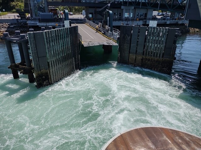 The ferry docking at the port.