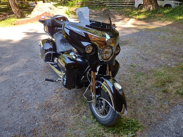 A clean motorcycle after the bugs had been washed off.