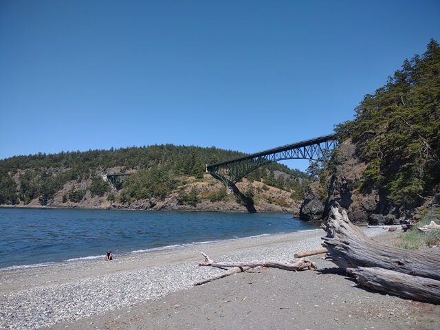 The Deception Pass bridge as viewed from the beach.