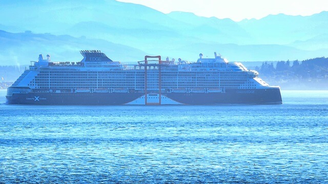 A close-up of the cruise ship that went by Fort Casey state park.