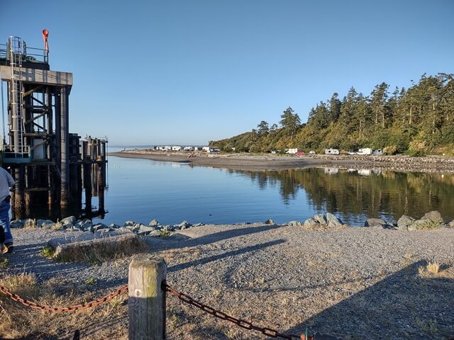 The Fort Casey campground as viewed from the ferry parking lot.