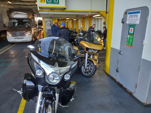 My motorcycle parked on the ferry.