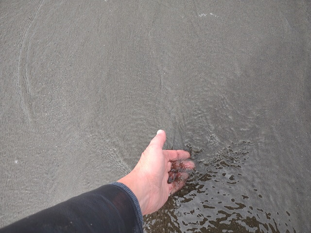 Putting my hand in the Pacific Ocean.