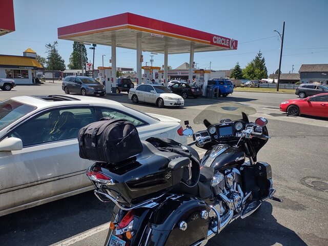 My motorcycle at a gas station in Aberdeen, WA.