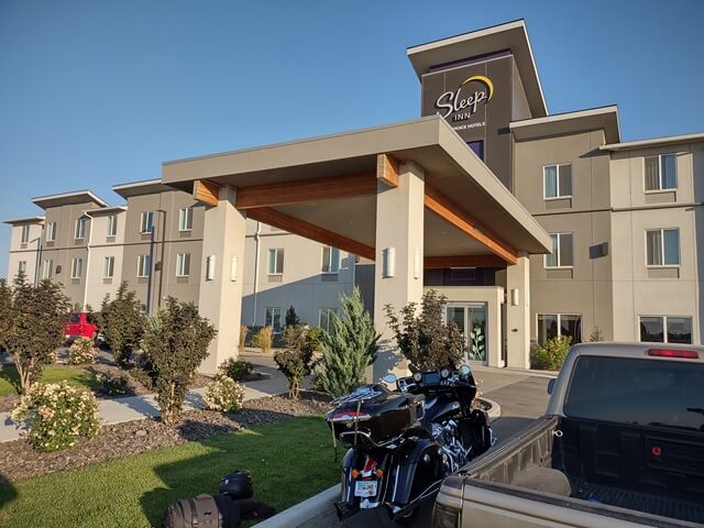 My motorcycle parked outside the Sleep Inn hotel in Boardman, OR.