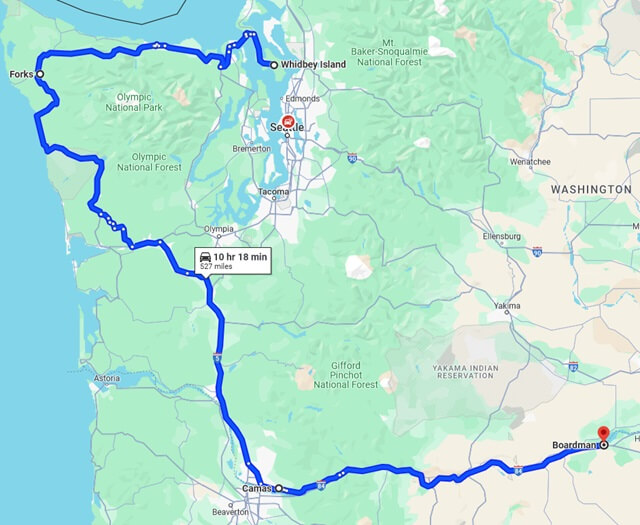 The map of my full route from Whidbey Island, WA to Boardman, OR.