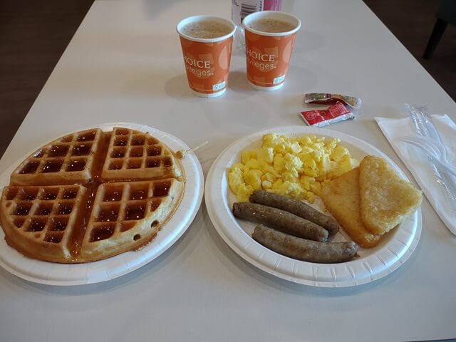 Loading up on the hotel breakfast.