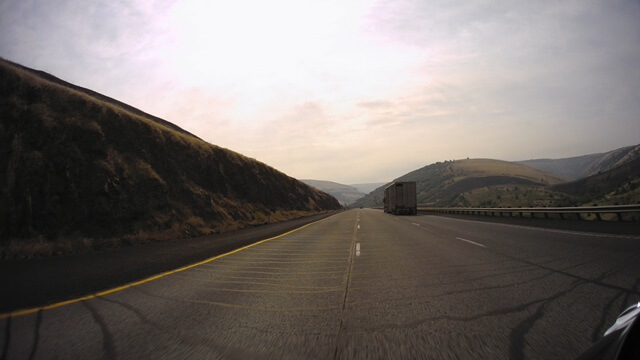 Riding through the mountains on I-84 east of Pendleton, OR.