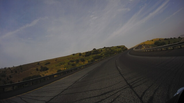 Riding through the mountains on I-84 east of Pendleton, OR.