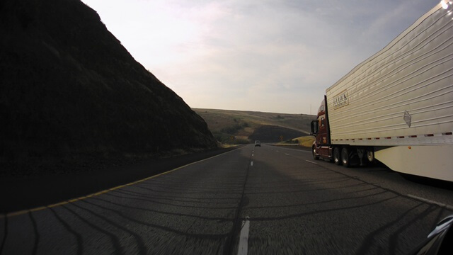 Riding through the mountains on I-84 east of Pendleton, OR.