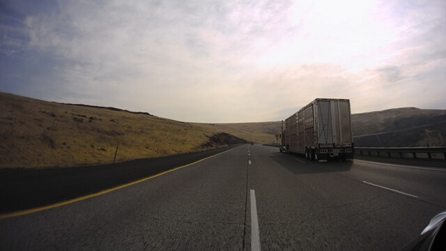 Riding through the mountains on I-84 east of Pendleton, OR.