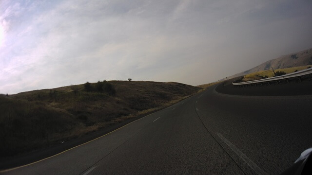 Riding through the mountains on I-84 east of Pendleton, OR.