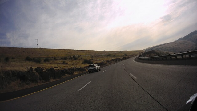 Riding through the mountains on I-84 east of Pendleton, OR.