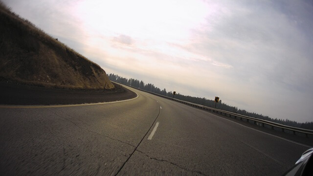 Riding through the mountains on I-84 east of Pendleton, OR.