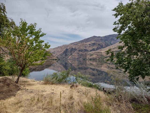 A lake area caused by the Oxbow Dam on the Snake River.