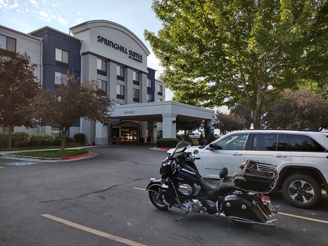 My motorcycle parked outside of the Springhill Suites in Eagle, ID.