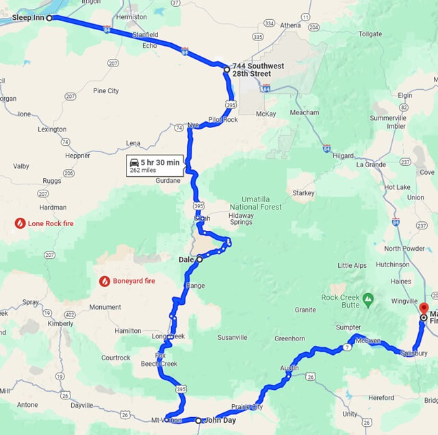 The map of my original planned route from Boardman, OR to Baker City, OR.