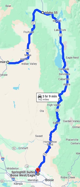 The map of my intended route from Cambridge, ID to Eagle, ID.