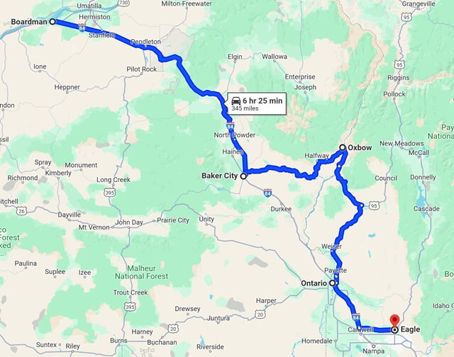 The map of my actual full route from Boardman, OR to Eagle, ID.