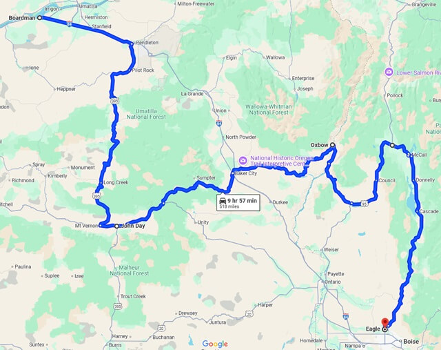 The map of my original planned route from Boardman, OR to Eagle, ID.