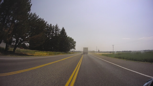 Following a truck that was blowing some sort of dust and smelled bad.