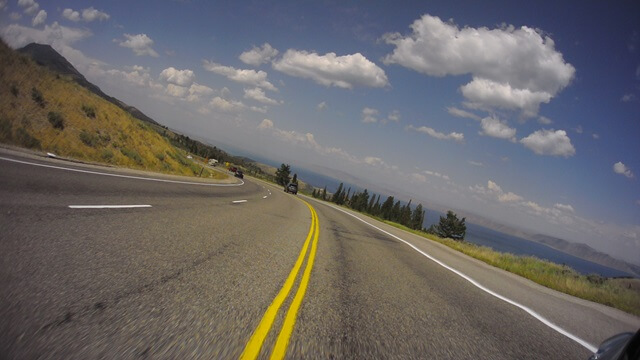 Riding on highway 30 next to Bear Lake in eastern Utah.