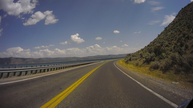 Riding on highway 30 next to Bear Lake in eastern Utah.