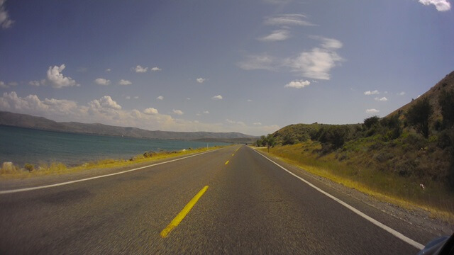 Riding on highway 30 next to Bear Lake in eastern Utah.