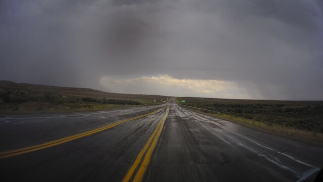 Riding in a storm on highway 30 between Granger, WY and Little America, WY.