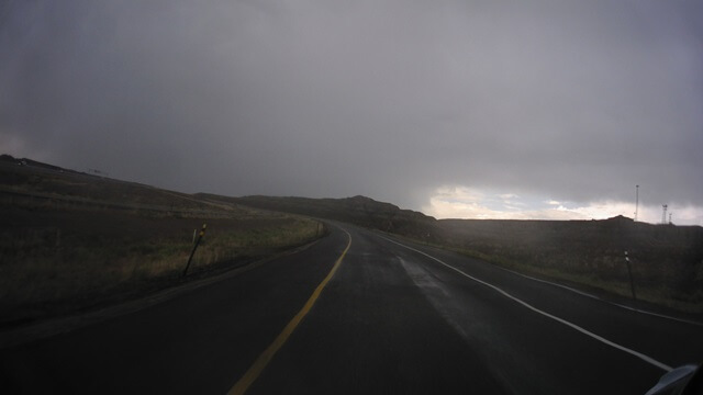 Riding in a storm on highway 30 between Granger, WY and Little America, WY.