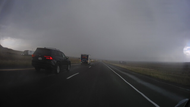 Riding through a rain storm on I-80 between Little America, WY and Green River, WY.