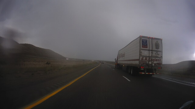 Riding through a rain storm on I-80 between Little America, WY and Green River, WY.