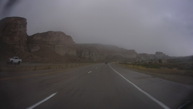 Riding through a rain storm on I-80 between Little America, WY and Green River, WY.