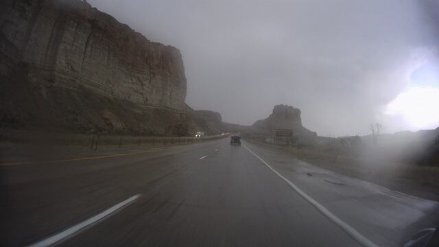 Riding through a rain storm on I-80 between Little America, WY and Green River, WY.