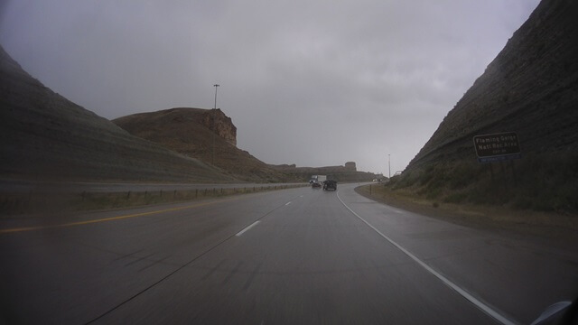 Riding through a rain storm on I-80 between Little America, WY and Green River, WY.