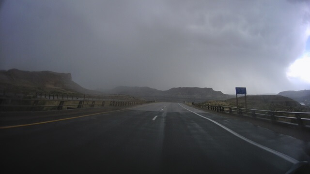 Riding through a rain storm on I-80 between Little America, WY and Green River, WY.