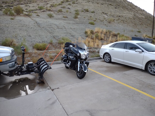 My motorcycle in the motel parking lot a few hours after the rain had passed.