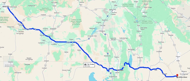 The map of my full route from Eagle, ID to Green River, WY.