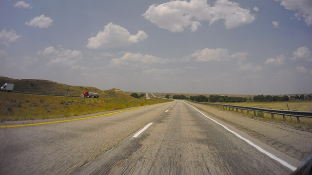 Riding north on I-25 between Wheatland, WY and Orin, WY.