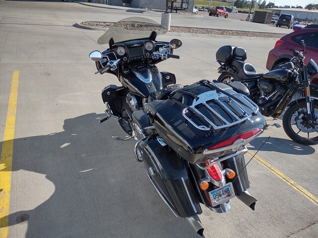 My motorcycle parked outside the hotel in Chadron, WY.