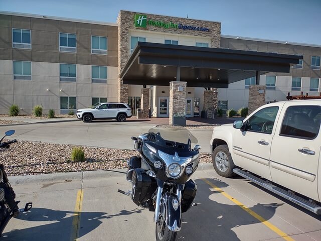 My motorcycle parked outside the hotel in Chadron, WY.