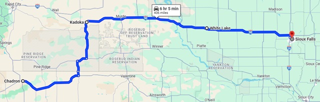 The map of my full route from Chadron, NE to Sioux Falls, SD.