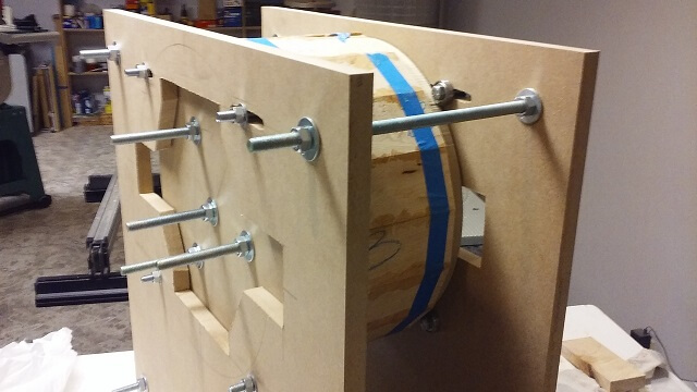 The drum and guides mounted in the jig.