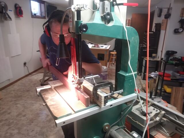 Cutting the strips of purpleheart for the neck.