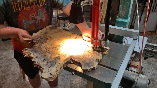 Cutting out a bit of the buckeye burl for a headstock overlay.