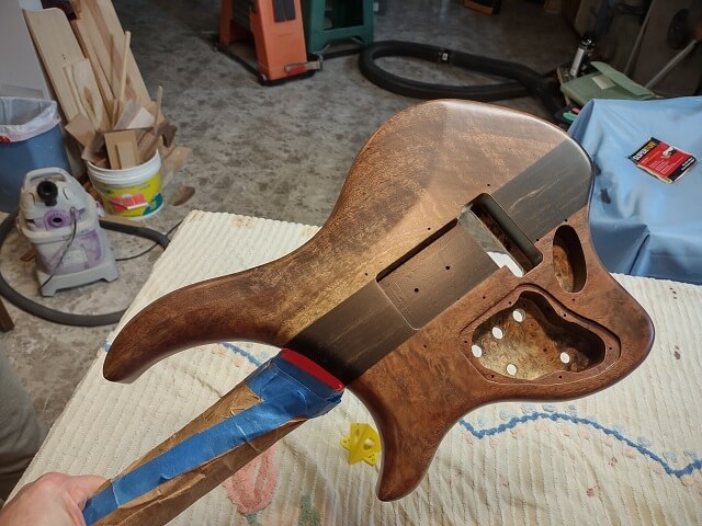 The completed finish on the back of the guitar body.