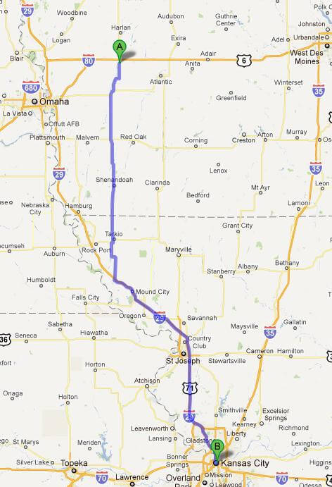 The second leg of today's journey. Avoca, IA to Kansas City, MO.