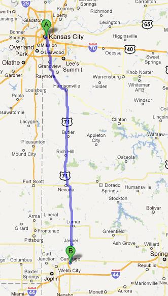The third leg of today's journey. Kansas City, MO to Carthage, MO.