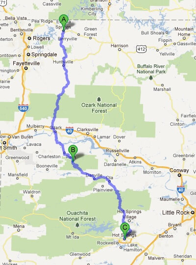 The first leg of today's journey. Eureka Springs, AR To Hot Springs, AR