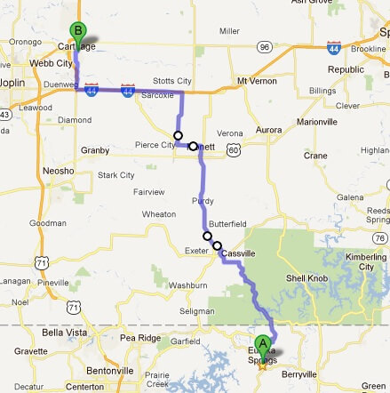 The first leg of today's journey. Eureka Springs, AR To Carthage, MO